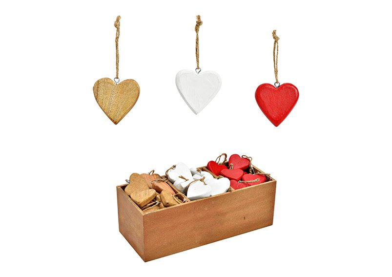 Appendino cuore in rosso/bianco/marrone in legno, 3 assortiti (L/H/D) 4x5x1,5 cm