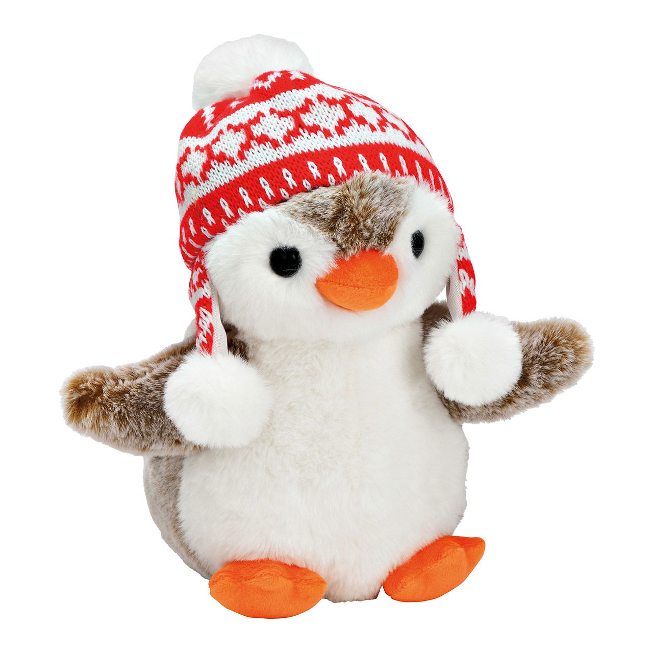 Penguin with brown plush winter hat (W/H/D) 24x23x16cm