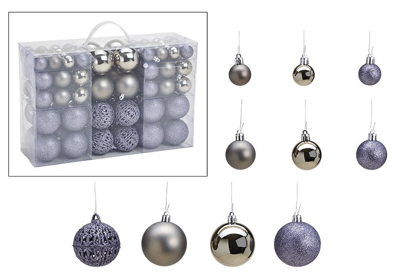 Set di palline di Natale in plastica, grigio, set di 100, (L/H/D) 35x23x12cm Ø3/4/6cm