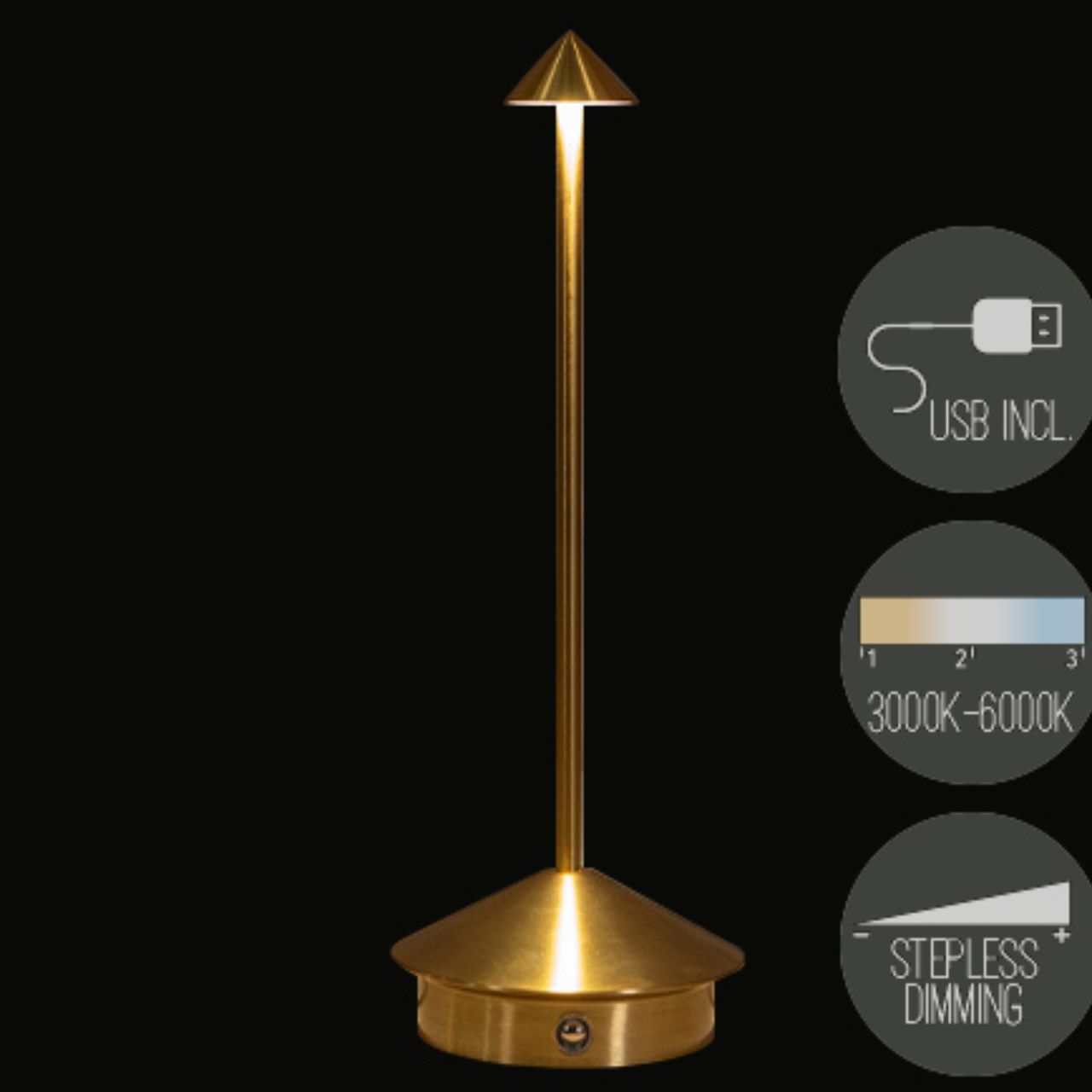 Tischlampe wiederaufladbar W.W dimmbar 11x30,5cm Matt Gold USB inkl. Tischlampe, Gold, LED, Stehlampe, Dimmbar