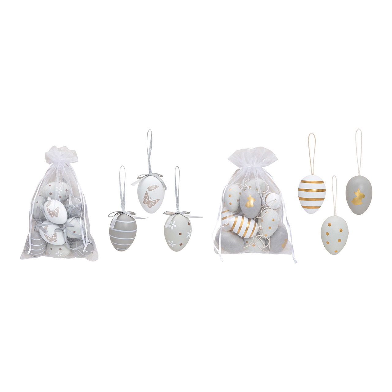 Hanging set of plastic Easter eggs, gray, set of 12 in organza bag, 2-fold, (W/H/D) 4x6x4cm