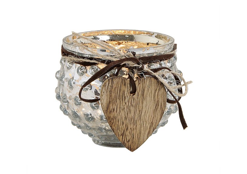 Windlight glass silver with hanger wood heartshape (w/h/d) 9x8x9 cm ø9 cm