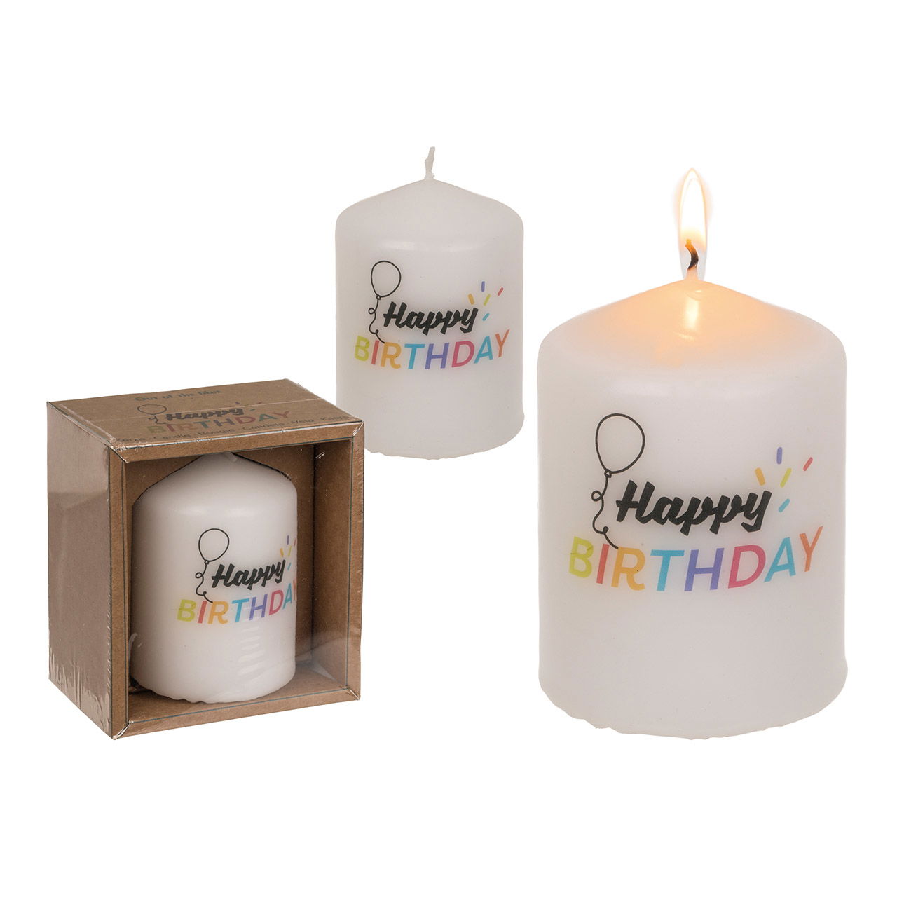 Bougie ronde, Happy Birthday dans un emballage en papier kraft, cire blanche (L/H/P) 6x8x6cm