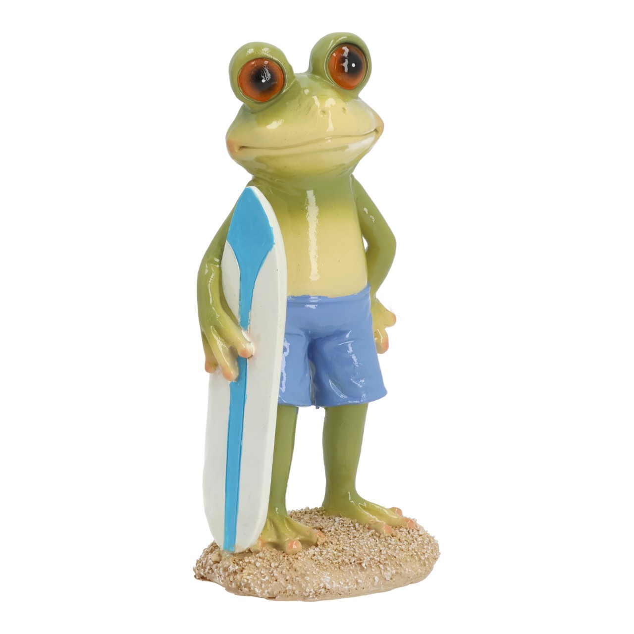 Completo estivo a forma di rana in poliestere, verde (L/A/P) 7x14x5 cm Froschfigur, Surfbrett, Blaue Shorts, Grün, Sandbasis