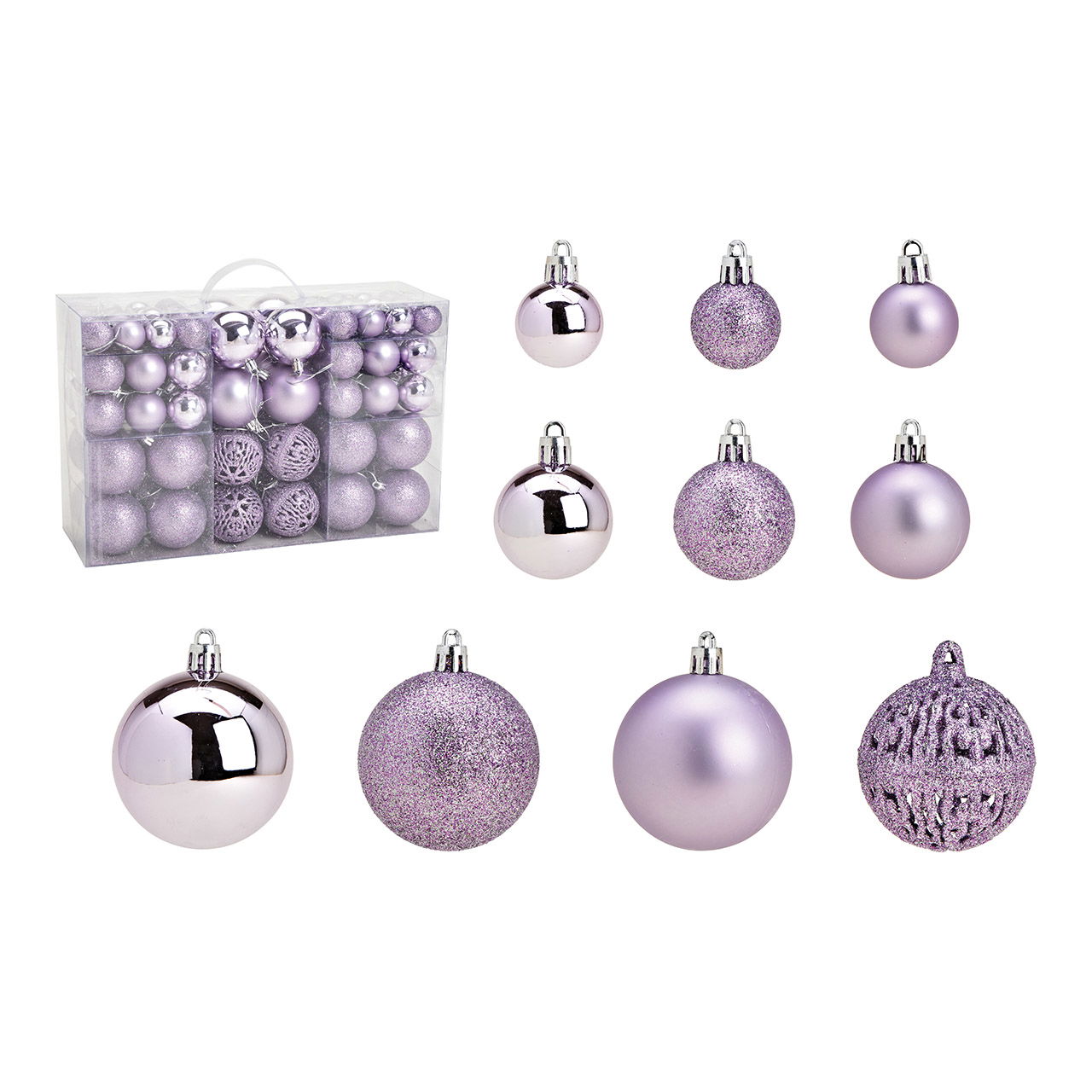 Weihnachtskugeln aus Kunststoff, 100er-Set, Lila Ø3/4/6cm (B/H/T) 23x35x12cm Weihnachtskugeln aus Kunststoff, 100er-Set, Lila Ø3/4/6cm (B/H/T) 23x35x12cm