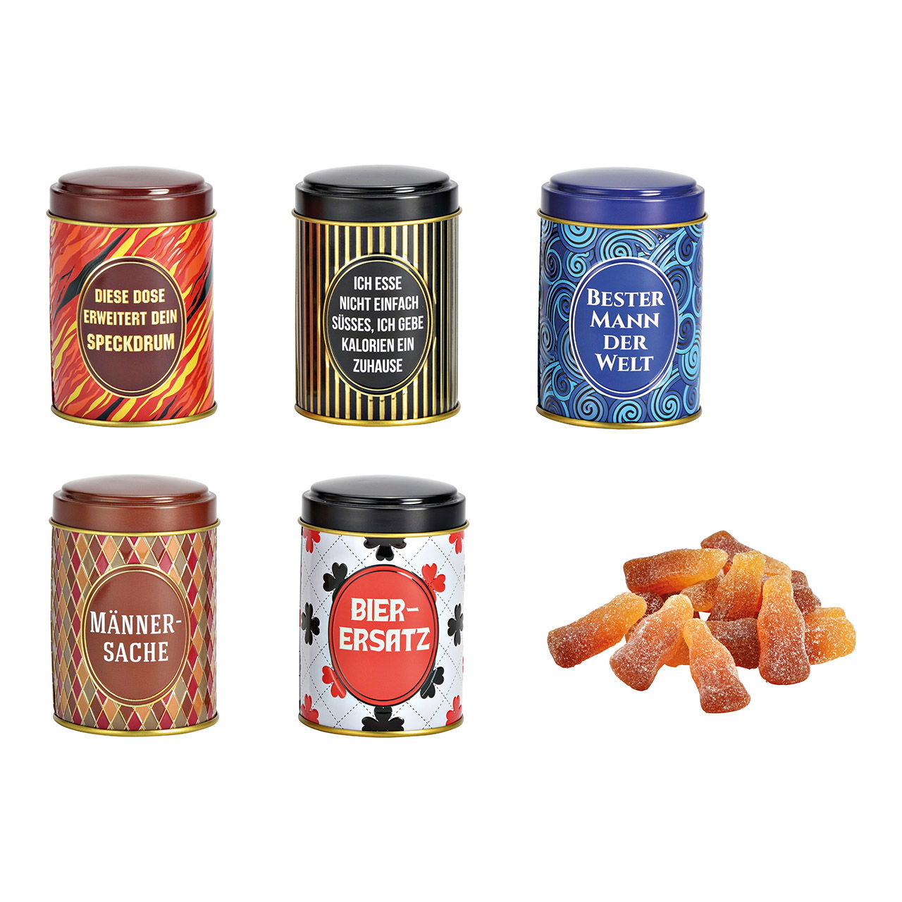 Fruchtgummi-Fläschen in Dose, 100g, Motiv, Männer, aus Metall bunt 5-fach, (B/H/T) 7x10x7cm Fruchtgummi-Fläschen in Dose, 100g, Motiv, Männer, aus Metall bunt 5-fach, (B/H/T) 7x10x7cm