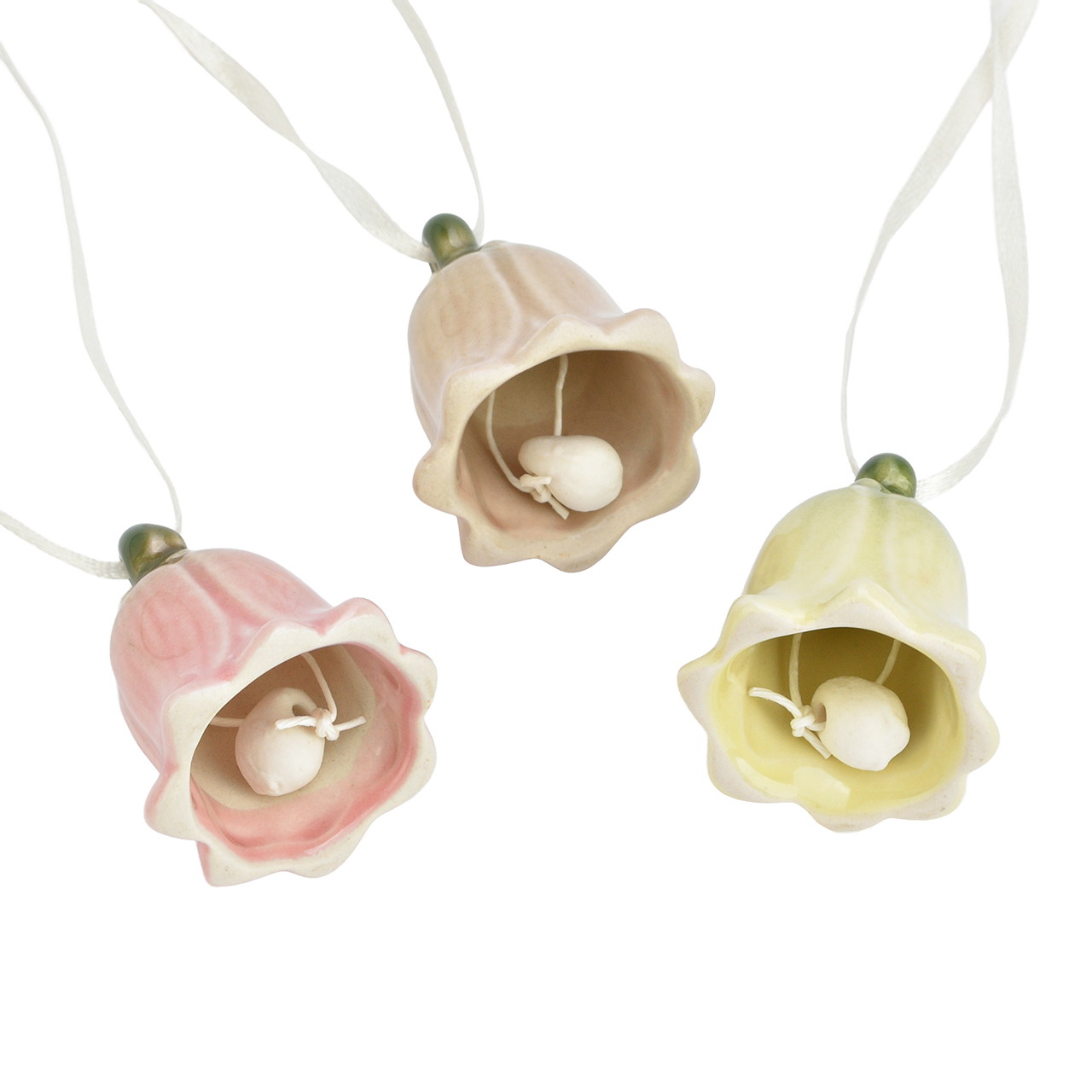 Pendentif « cloche » en forme de fleur, en porcelaine, jaune/rose/beige, assortiment de 3 pièces (L/H/P) 3 x 4 x 3 cm Glasornament, hängendes Schmuckstück, Pastellfarben, Glockenform, drei Stücke