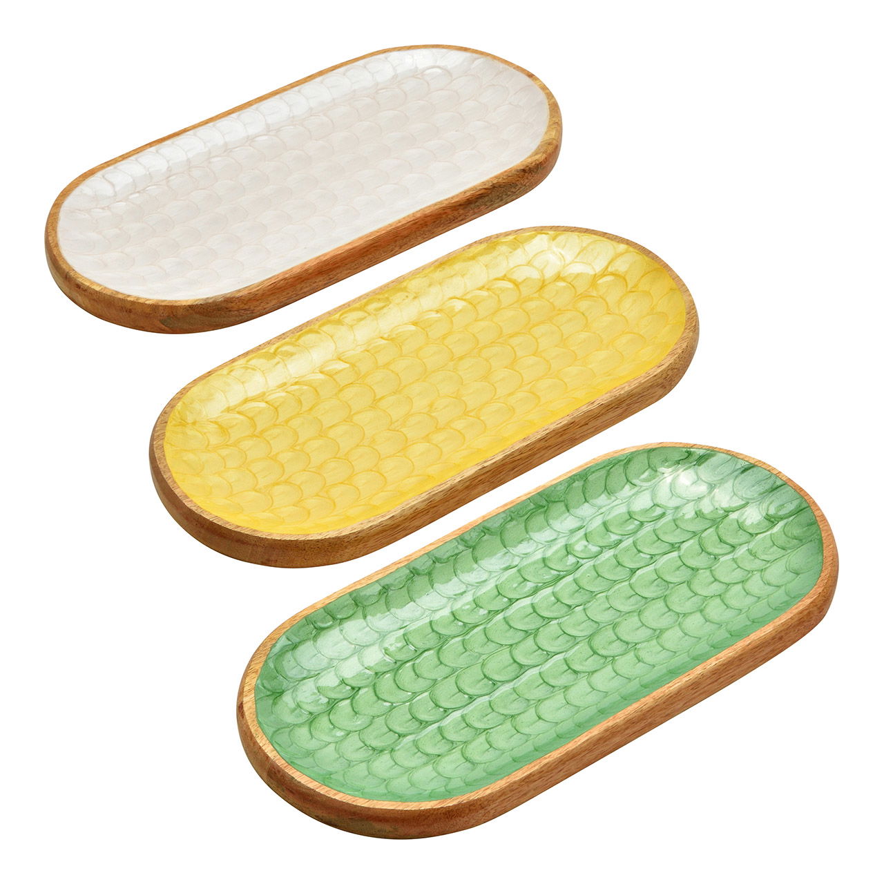 Assiette décorative en bois de manguier, 3 compartiments, jaune/blanc/vert (L/H/P) 38x17x2cm