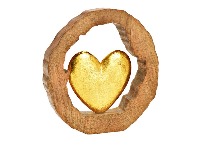 Heart in mango wood circle of metal gold (W/H/D) 28x29x5cm
