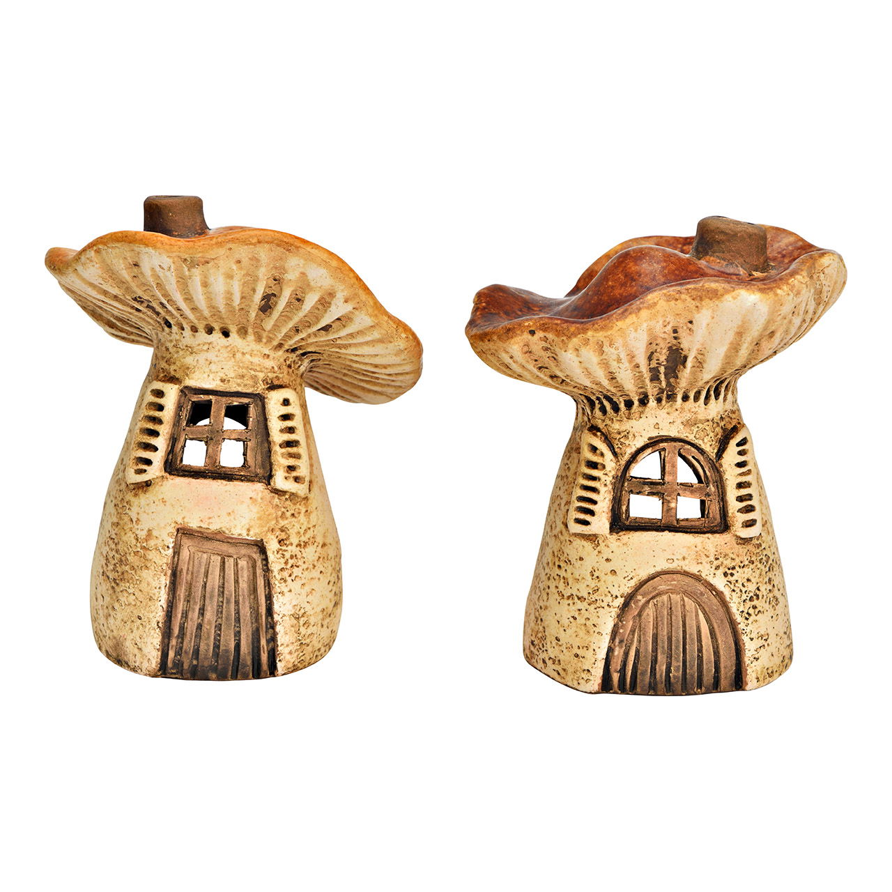 Windlicht Pilz Haus aus Steingut, 2-fach, Braun (B/H/T) 10x13x10cm
