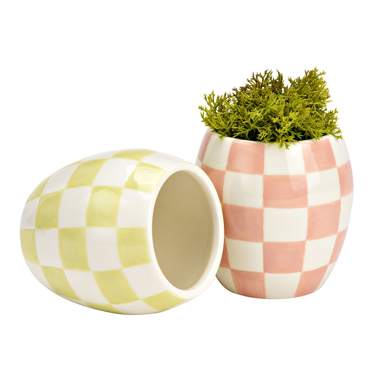 Flower pot checkered ceramic 2-fold, white/pink/green (W/H/D) 8x9x8cm