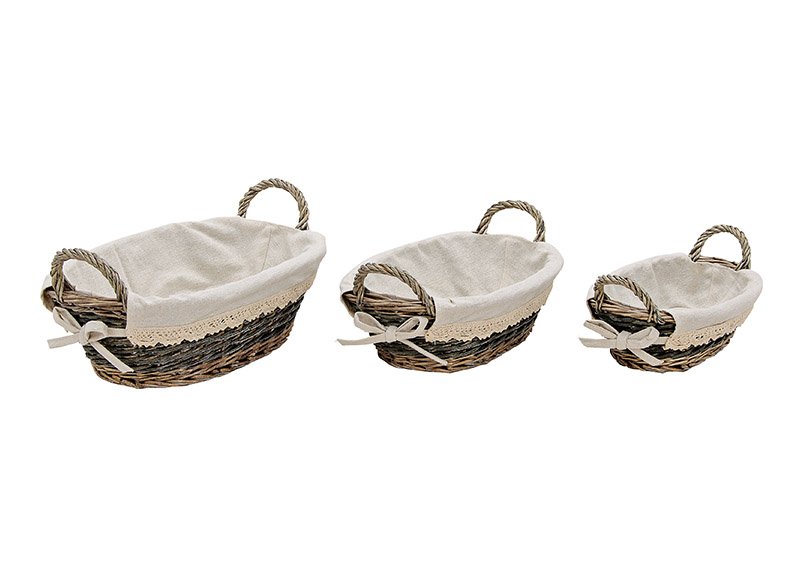 Basket set of 3, willow weave with textile inlay, beige color, 35x16x25cm