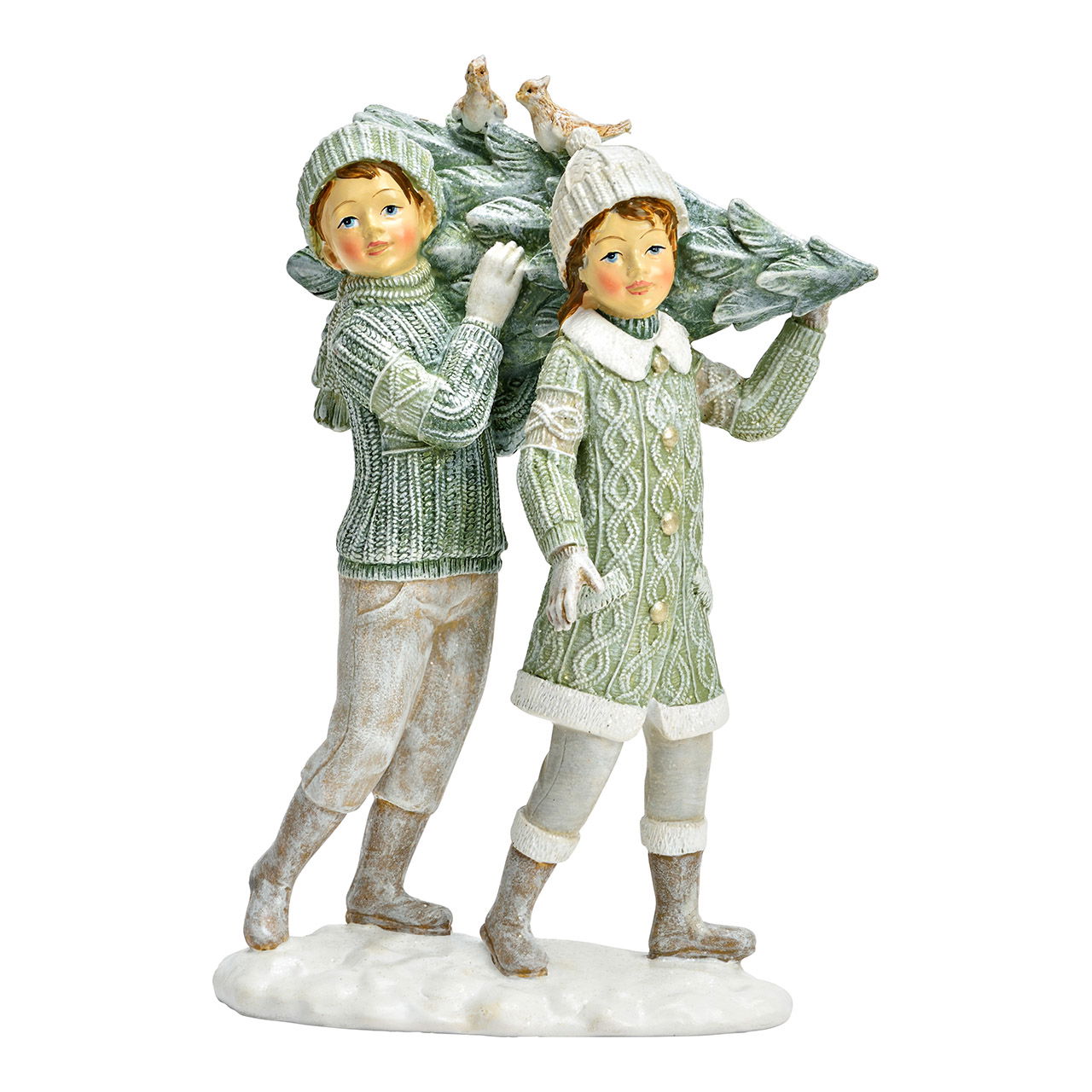 Figuur kinderen met kerstboom van poly, groen (B/H/D) 15x22x9cm