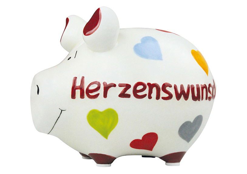 KCG Salvadanaio "Heart's desire" in ceramica, colorato (L/H/D) 12,5x9x9cm Piccolo maiale Sparschwein