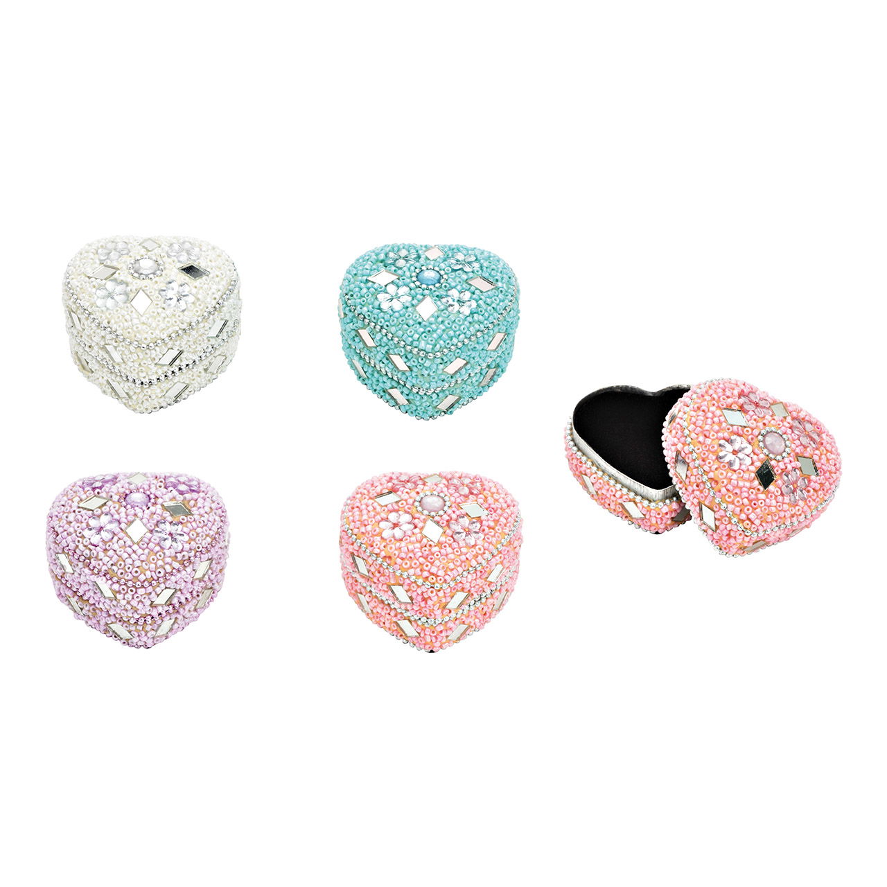 Herzdose mit Glasperlen Dekor aus Metall weiß, lila, pink, blau 4-fach, (B/H/T) 6x4x6cm Herzdose mit Glasperlen Dekor aus Metall weiß, lila, pink, blau 4-fach, (B/H/T) 6x4x6cm