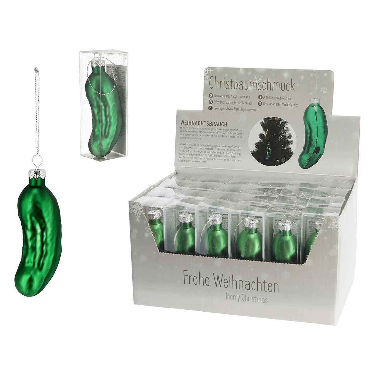 Weihnachtshänger Gurke aus Glas, Grün (B/H/T) 4x11x4cm 24 stk im Displaybox Weihnachtshänger Gurke aus Glas, Grün (B/H/T) 4x11x4cm 24 stk im Displaybox