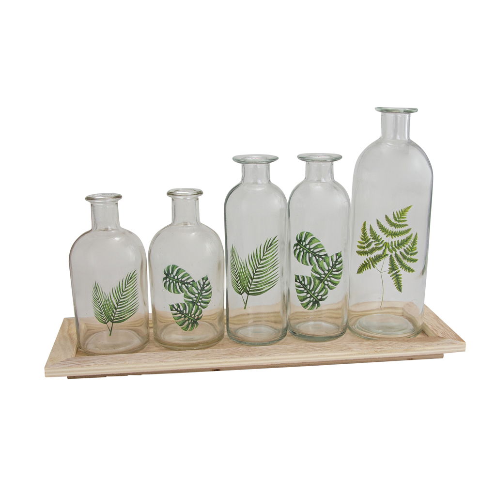 Vassoio con 5 bottiglie design a foglia, vetro, 38x20x18cm, 1 set, naturale Krug, Glas, Töpferei, Vase