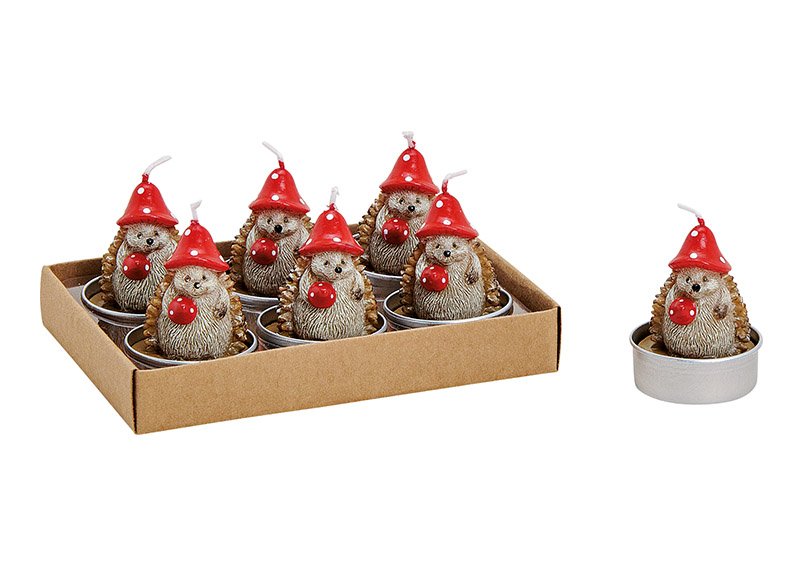 Tealight set of 6, hedgehog with red hat, brown color 4x5x4cm