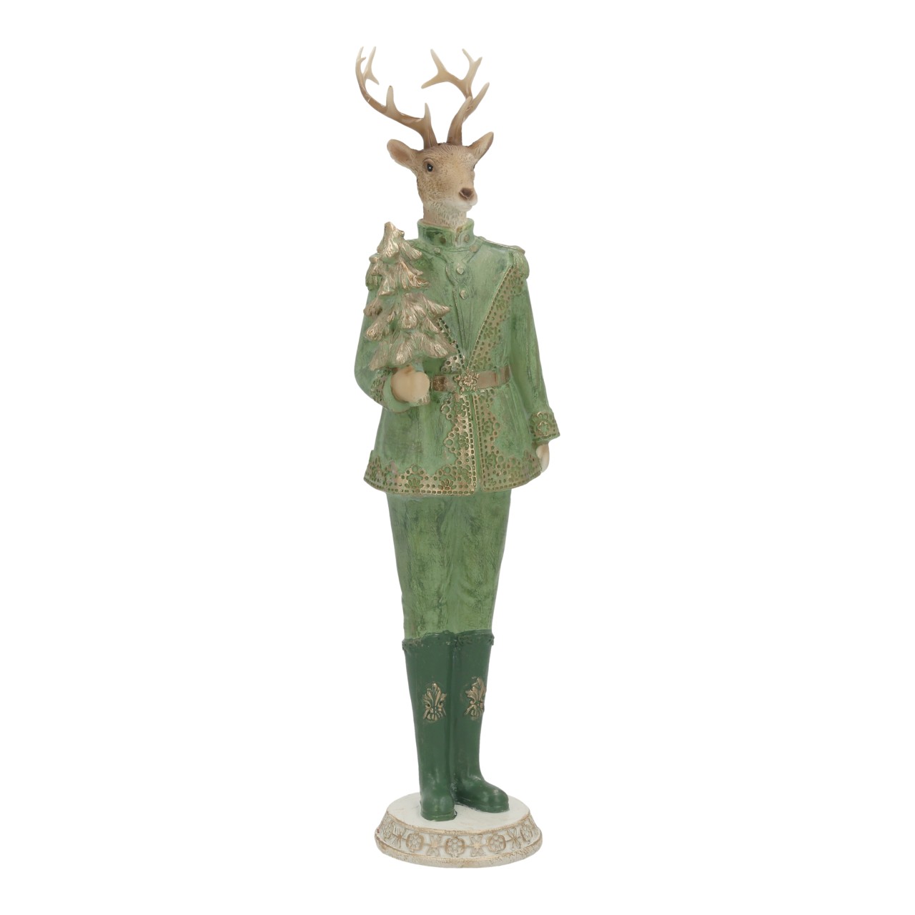 deer figurine, deer statue, green coat, winter decor, reindeer figurine