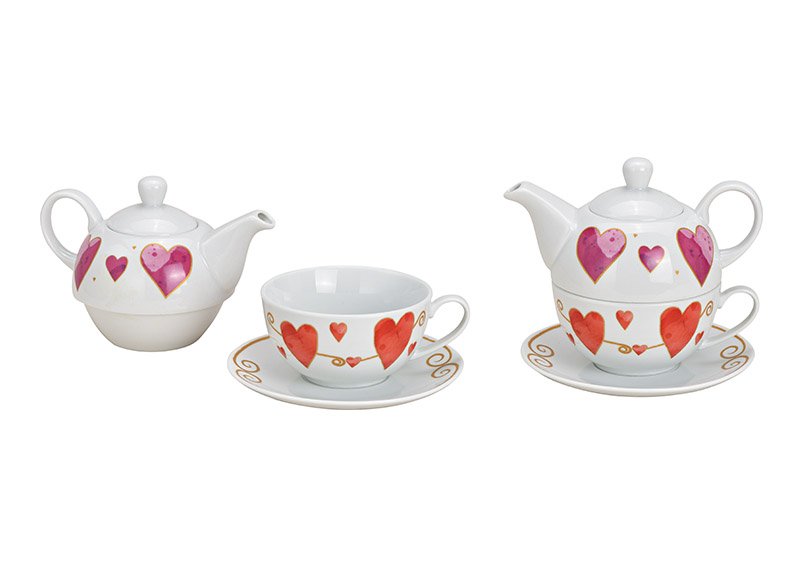 Teapot set heart decor made of porcelain colored set of 3, (w / h / d) 17x15x15cm 200 / 450ml