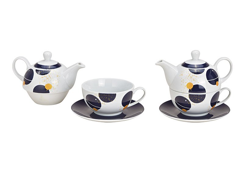 Teapot set planet decor made of porcelain blue set of 3, (w / h / d) 17x15x15cm 200 / 450ml