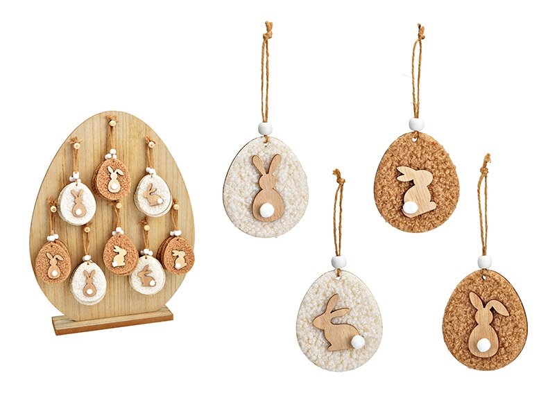 Hanger egg bunny decor of wood, textile brown, white 4-fold, (W/H) 6x7cm 32 pcs. on egg display 32x40x6cm