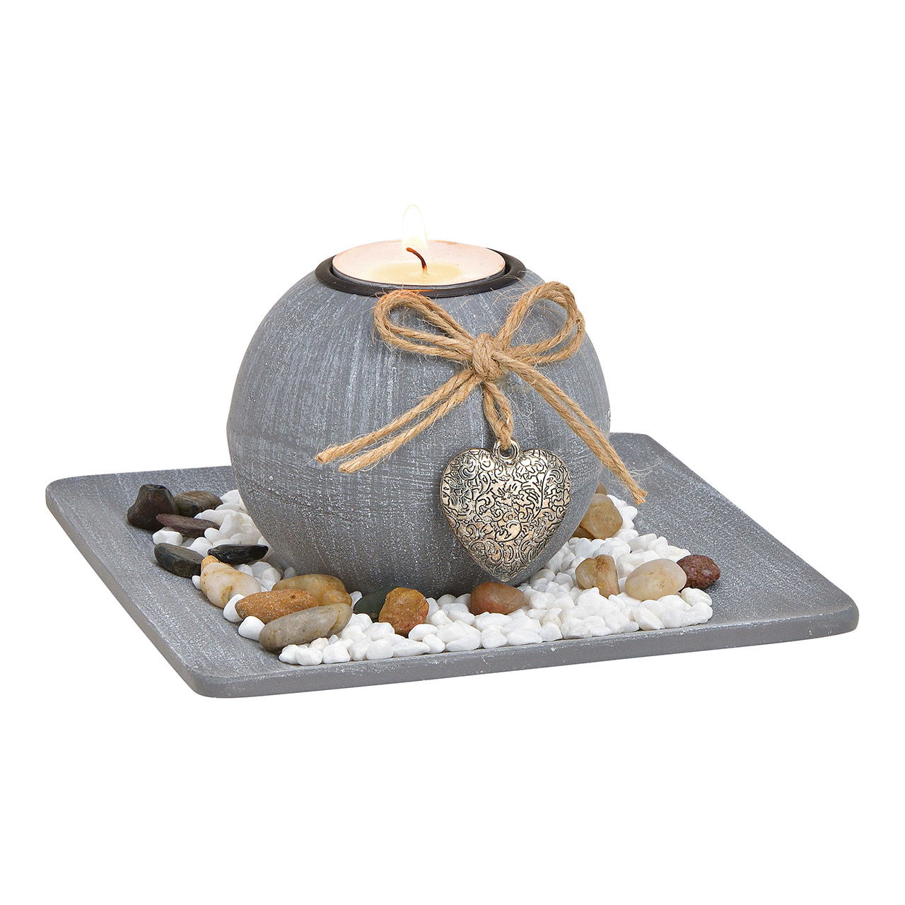 Porta tealight con pietre decorative in legno grigio, (L/H/D) 15x9x15cm Porta tealight con pietre decorative in legno grigio, (L/H/D) 15x9x15cm