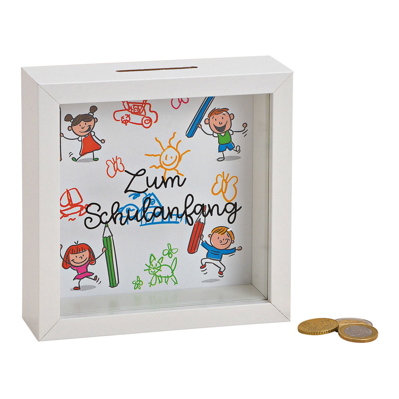 Salvadanaio primo giorno di scuola in legno, vetro colorato (L/H/D) 15x15x5cm Salvadanaio primo giorno di scuola in legno, vetro colorato (L/H/D) 15x15x5cm