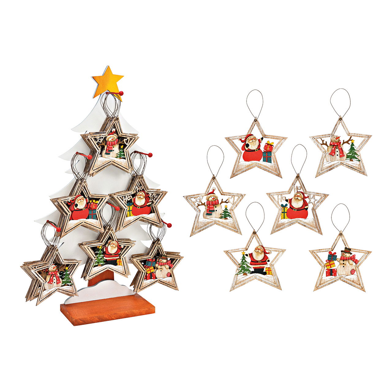 Wooden Christmas hanger star (W/H) 13x14cm on tree stand, white, 6-fold (W/H/D) 34x58x10cm