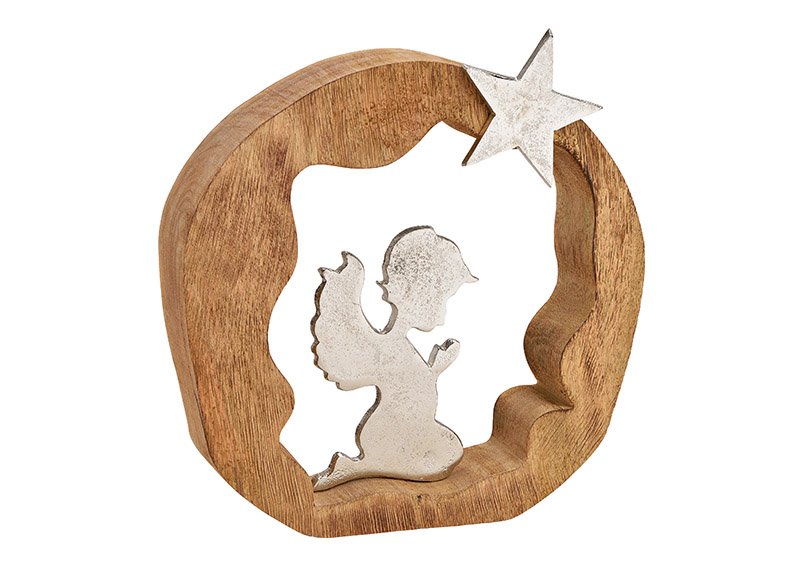Soporte metálico ángel en círculo de madera de mango marrón, plata (c/h/d) 25x25x5cm