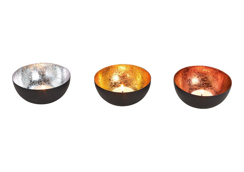 Windlight bowl, metal, black/gold, bronze, silver, 3 asst. 10x4x10cm