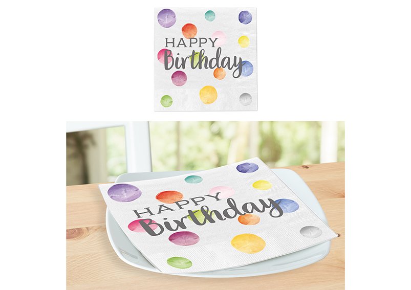 Servetten Happy Birthday stippen 20-pak 3-laags papier/karton wit (B/H) 33x33cm
