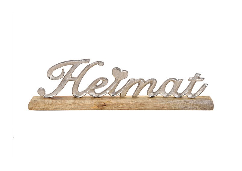 Présentoir écriture HEIMAT en métal sur socle en bois de manguier argenté, marron (L/H/P) 40x12x5cm
