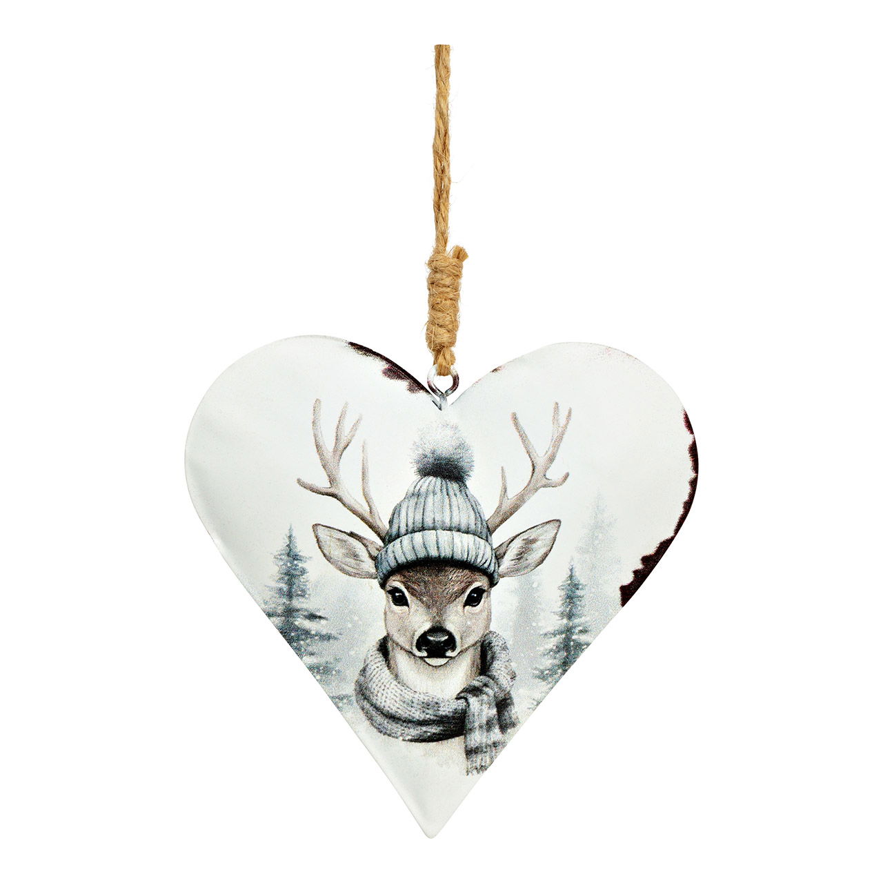 Pendentif coeur décor cerf en métal, gris (L/H/P) 10x10x2cm