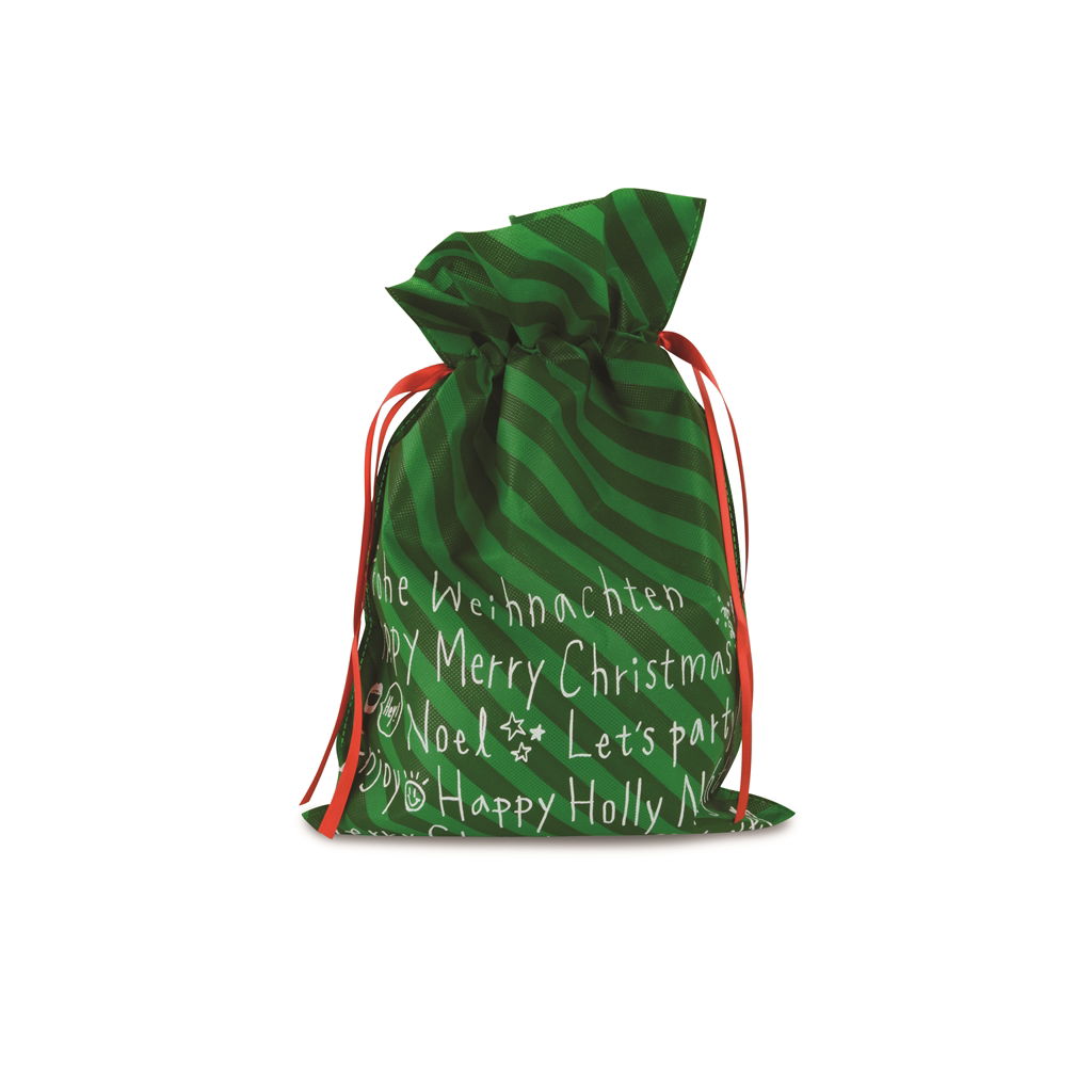 Sacchetto natalizio da tirare con testo. Tessuto in fibra. 30x45 cm. 1 pz. verde Tasche
