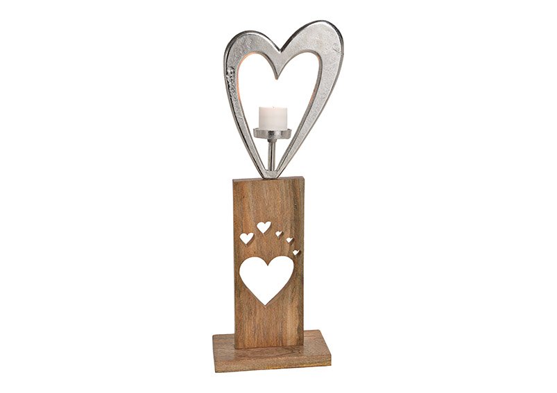 Heart with candle holder metal, mangowood stander, silver brown, 25x73x13cm