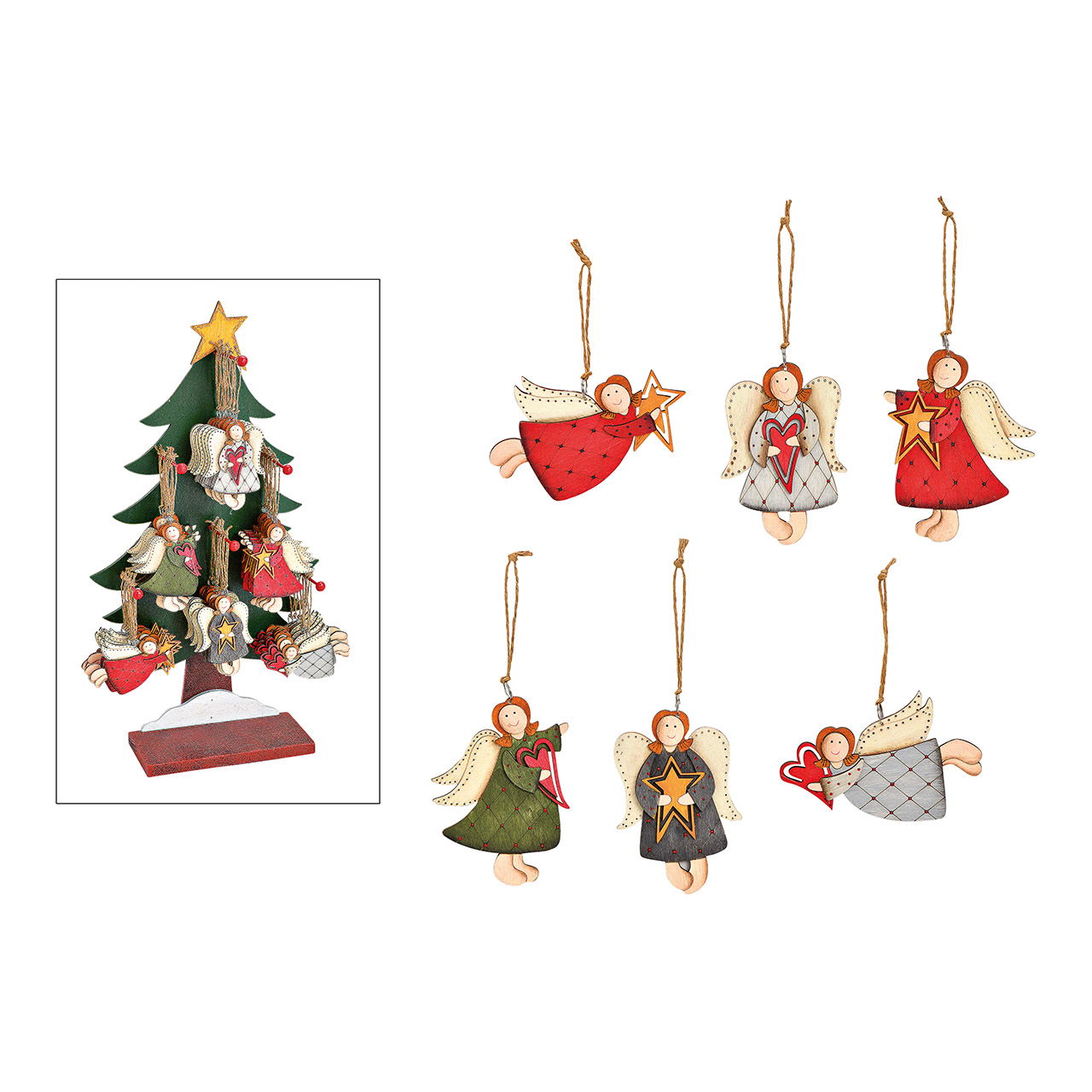 Weihnachtshänger Engel aus Holz auf Baumständer, 48 Stk. Rot/Grün/Grau (B/H/T) 11x7x0.5cm/7x11x0.5cm Weihnachtshänger Engel aus Holz auf Baumständer, 48 Stk. Rot/Grün/Grau (B/H/T) 11x7x0.5cm/7x11x0.5cm