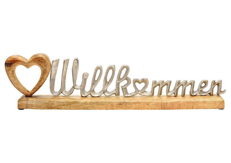 Aufsteller Schriftzug, Willkommen, Herz Dekor, auf Mangoholz Sockel, aus Metall Silber (B/H/T) 50x12x5cm