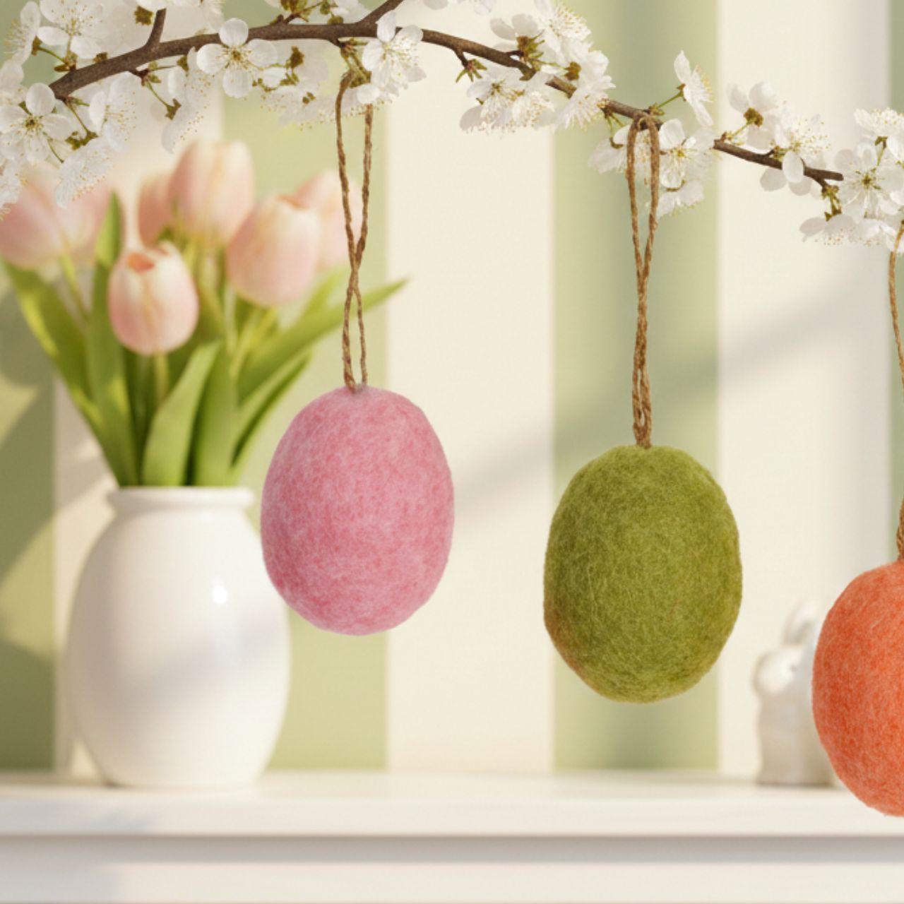 Vilten/plastic paaseierhanger, 4-voudig, beige/roze/groen/oranje (B/H/D) 4x6x4cm