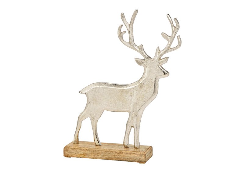 Deer on mango wood base of metal silver (W/H/D) 25x32x6cm