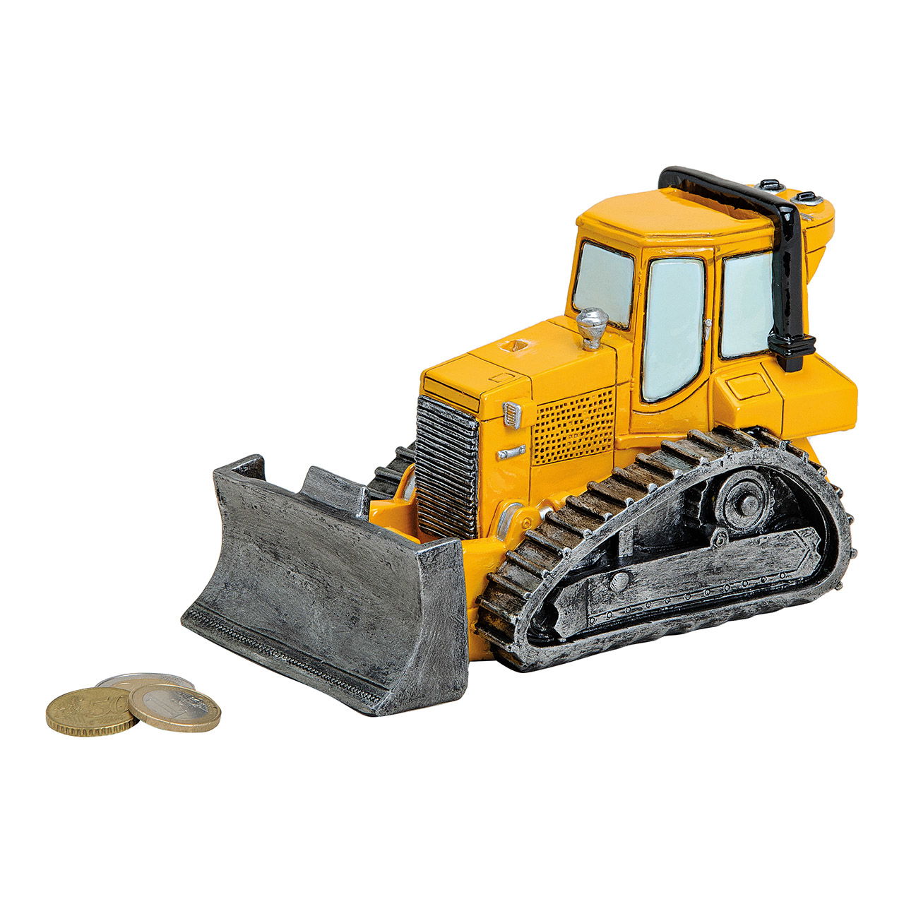 Tirelire bulldozer en poly, L17 x P8 x H11 cm