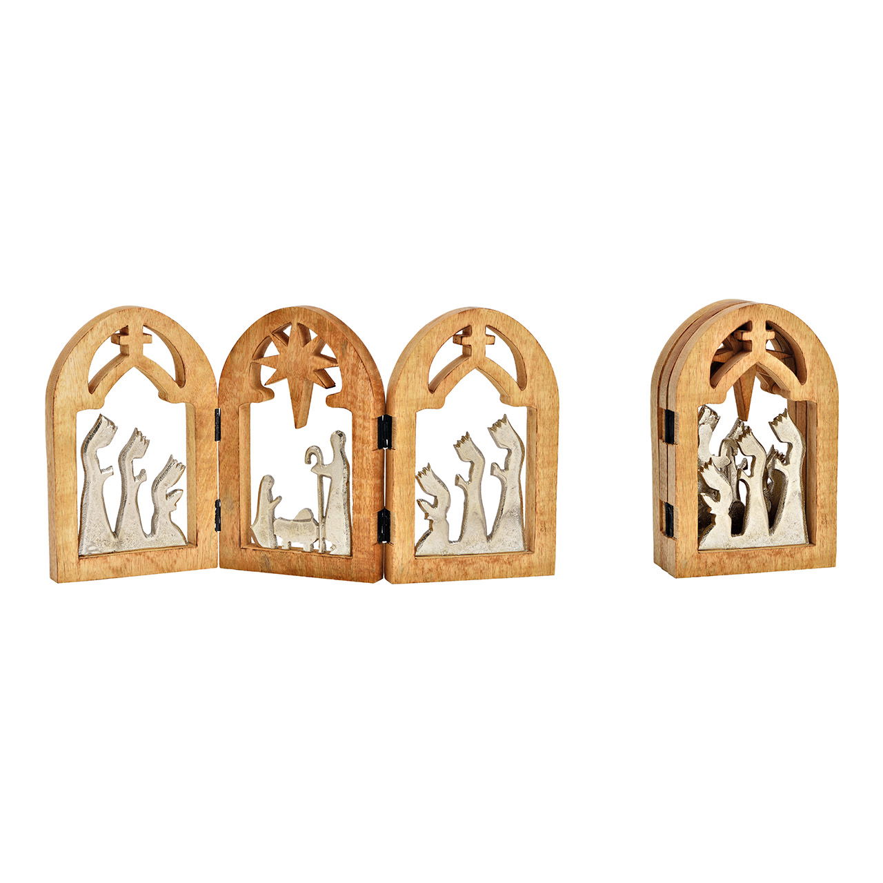 Espositore presepe in finestra incernierata in legno di mango, di metallo argento (c/h/d) 49x25x2cm