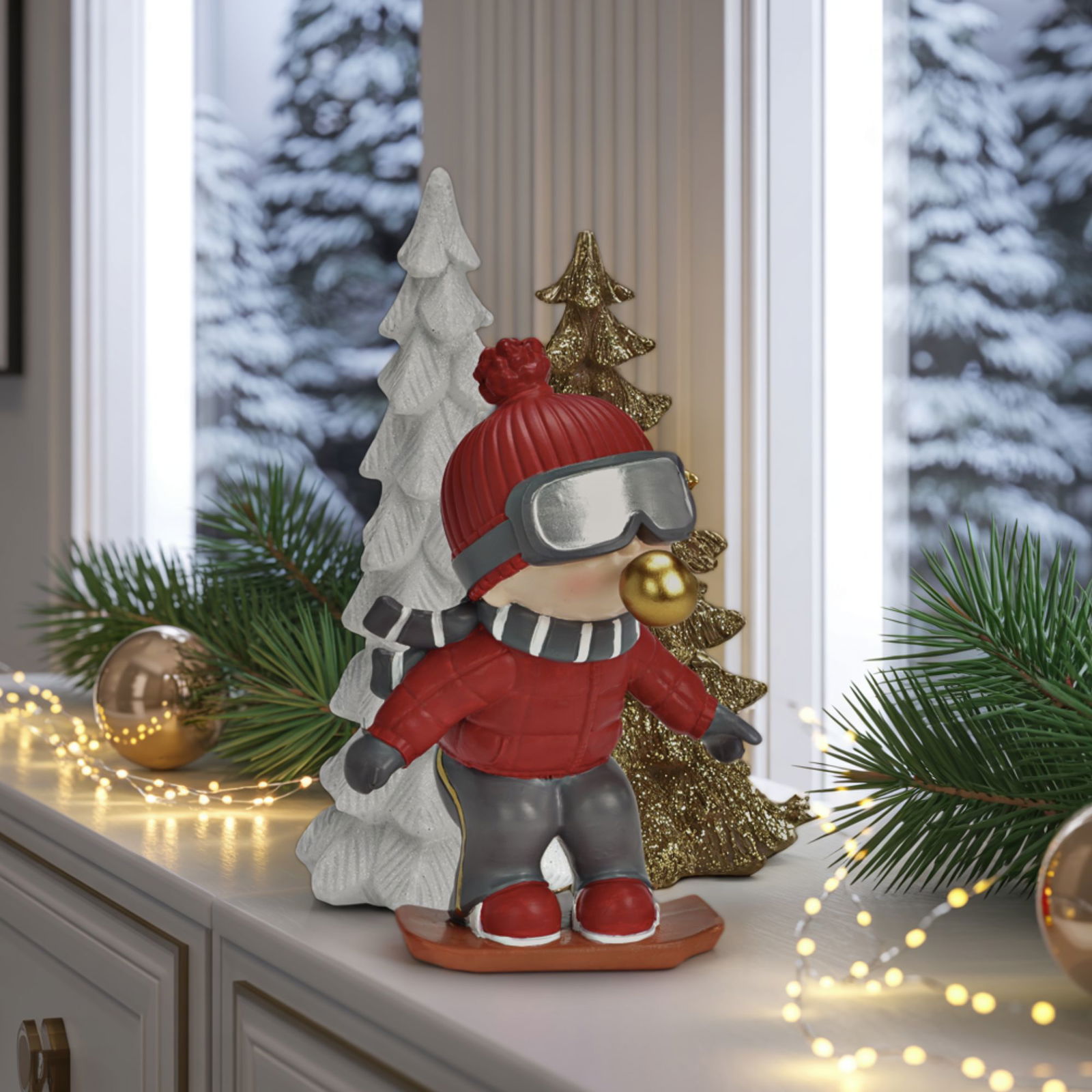 Child on skis with chewing gum bubble made of poly, red/grey (W/H/D) 12x18x10cm Figur, Spielzeug