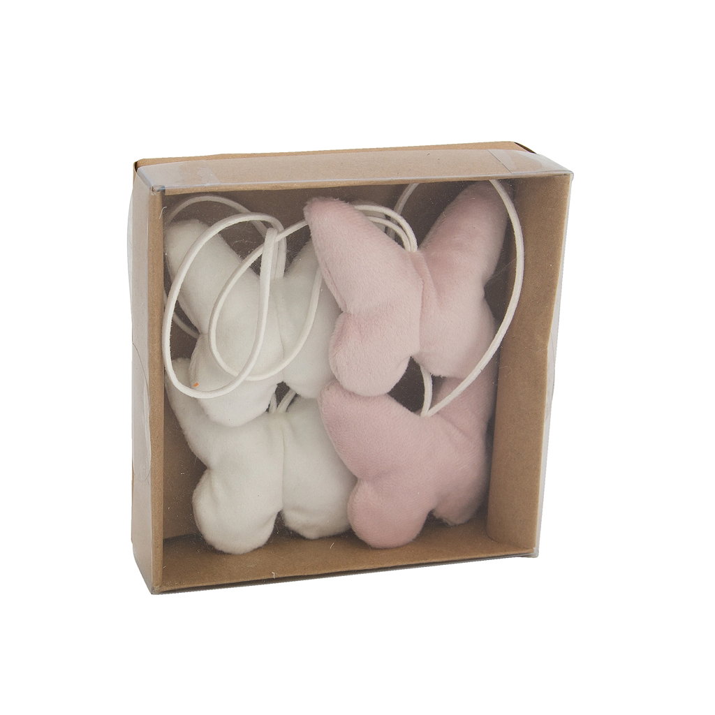 Papillon en velours à suspendre, tissu, 6 cm, 4 pcs/paquet, blanc/rose Kiste
