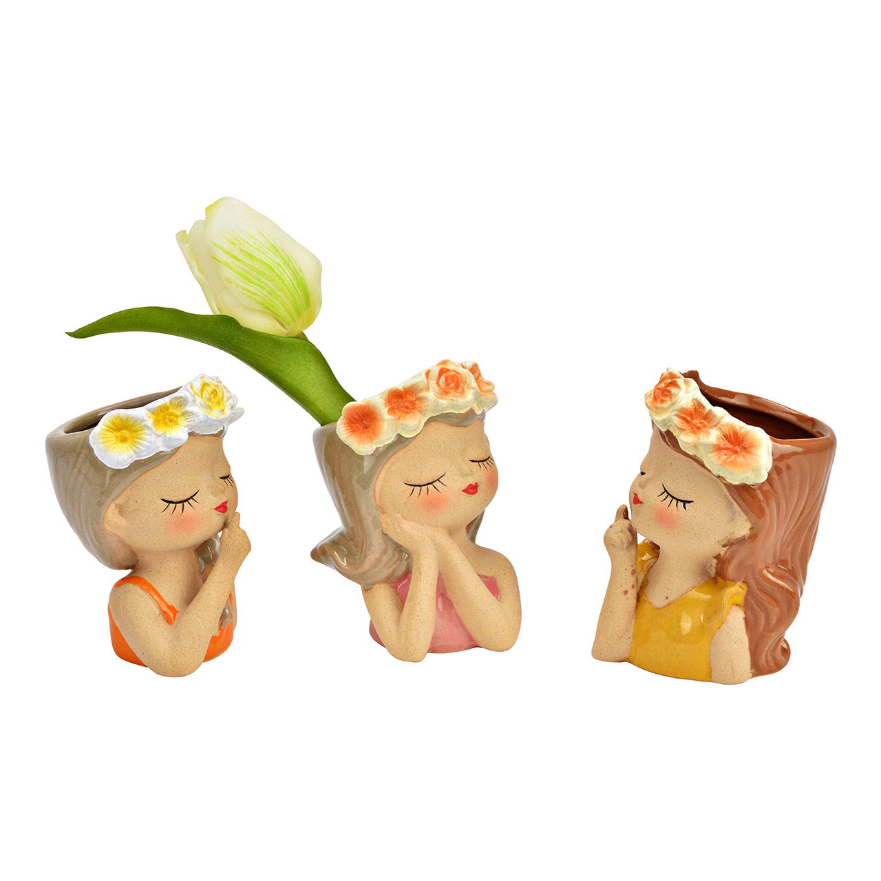 Flower pot flower girl made of stoneware 2-fold, beige/yellow/pink/apricot (W/H/D) 6x9x6cm