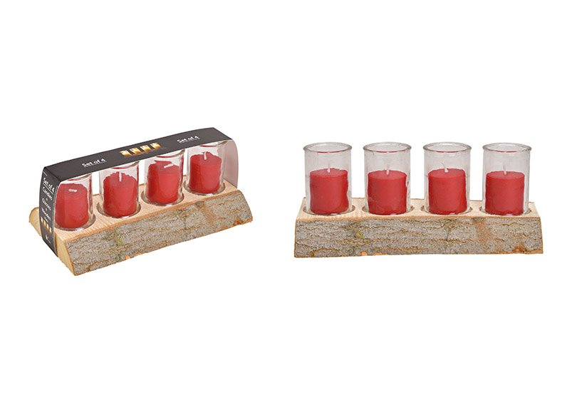 Windlicht Set, 4er auf Holz Sockel 29x12x4cm, Glas 6x8,5cm, Kerze 4,3x4,8cm Rot (B/H/T) 29x14x12cm