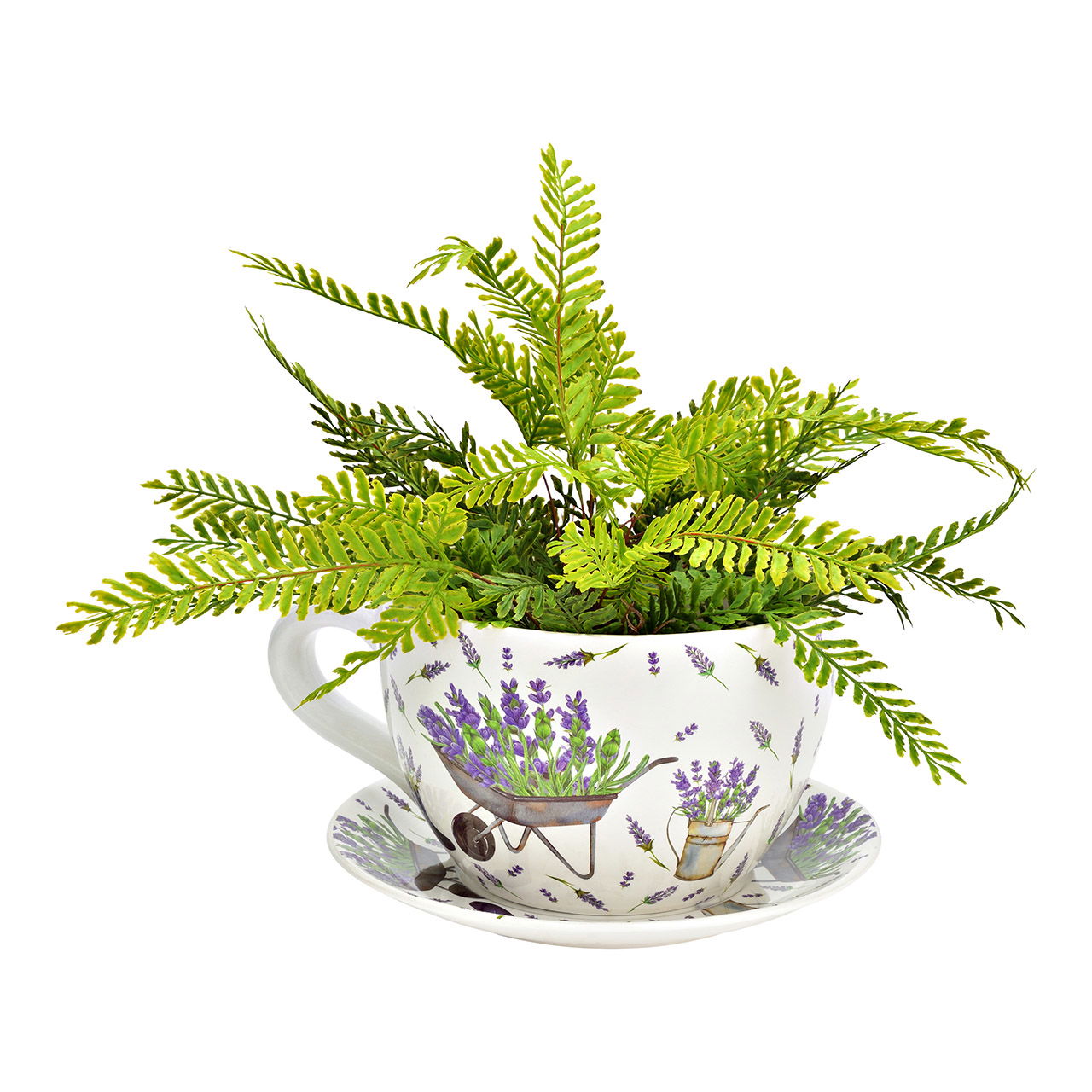 Pflanztasse Lavendel Dekor aus Keramik, Lila/Weiß (B/H/T 34x16x28cm Untertasse, Tasse