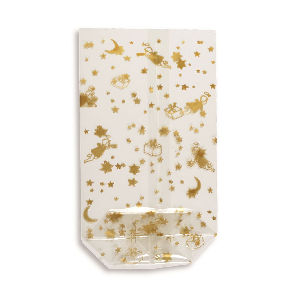 Sacchetto in cellophane stampato oro. 95 x 160 mm. Sacchetto da 10 pezzi. Papier