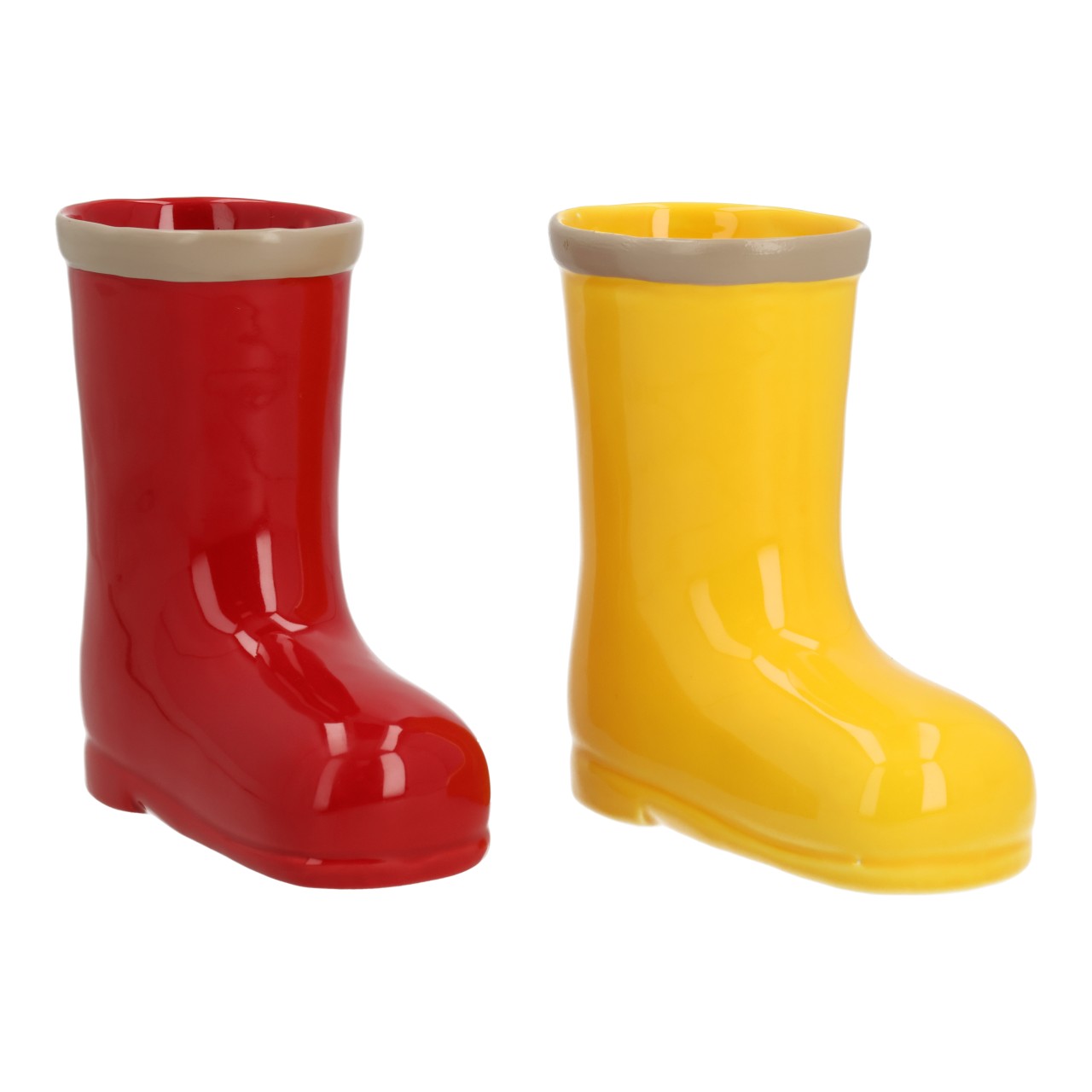 Bloempot-schoenen van keramiek, geel/rood, 2-delige set (B/H/D) 16x17x8 cm Gummistiefel, Regenstiefel, Kinderschuh, Rot, Gelb