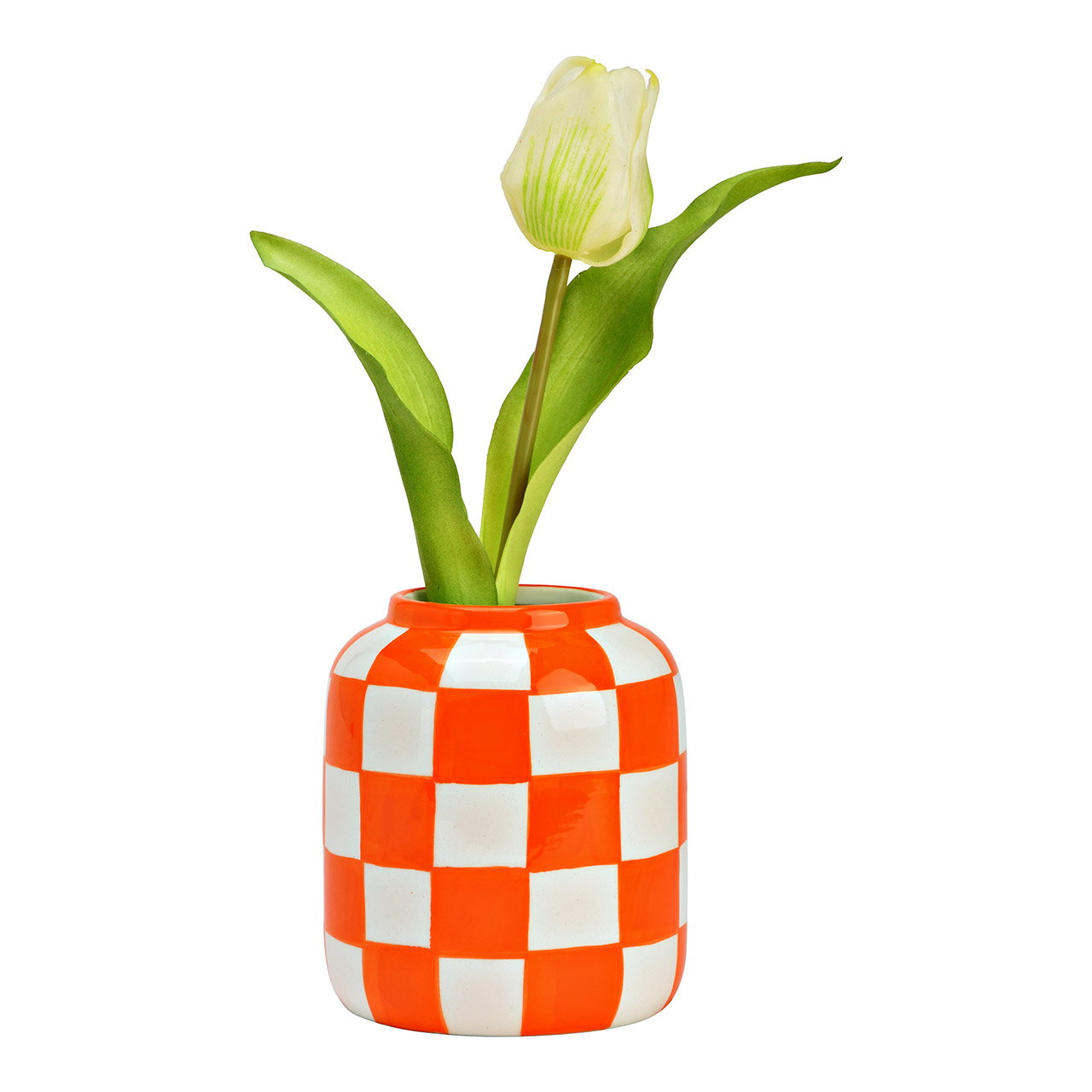 Vase à carreaux en céramique, orange/blanc (L/H/P) 10x12x10cm Tulpe, Vase, Keramik, Karomuster, Orangeweiß